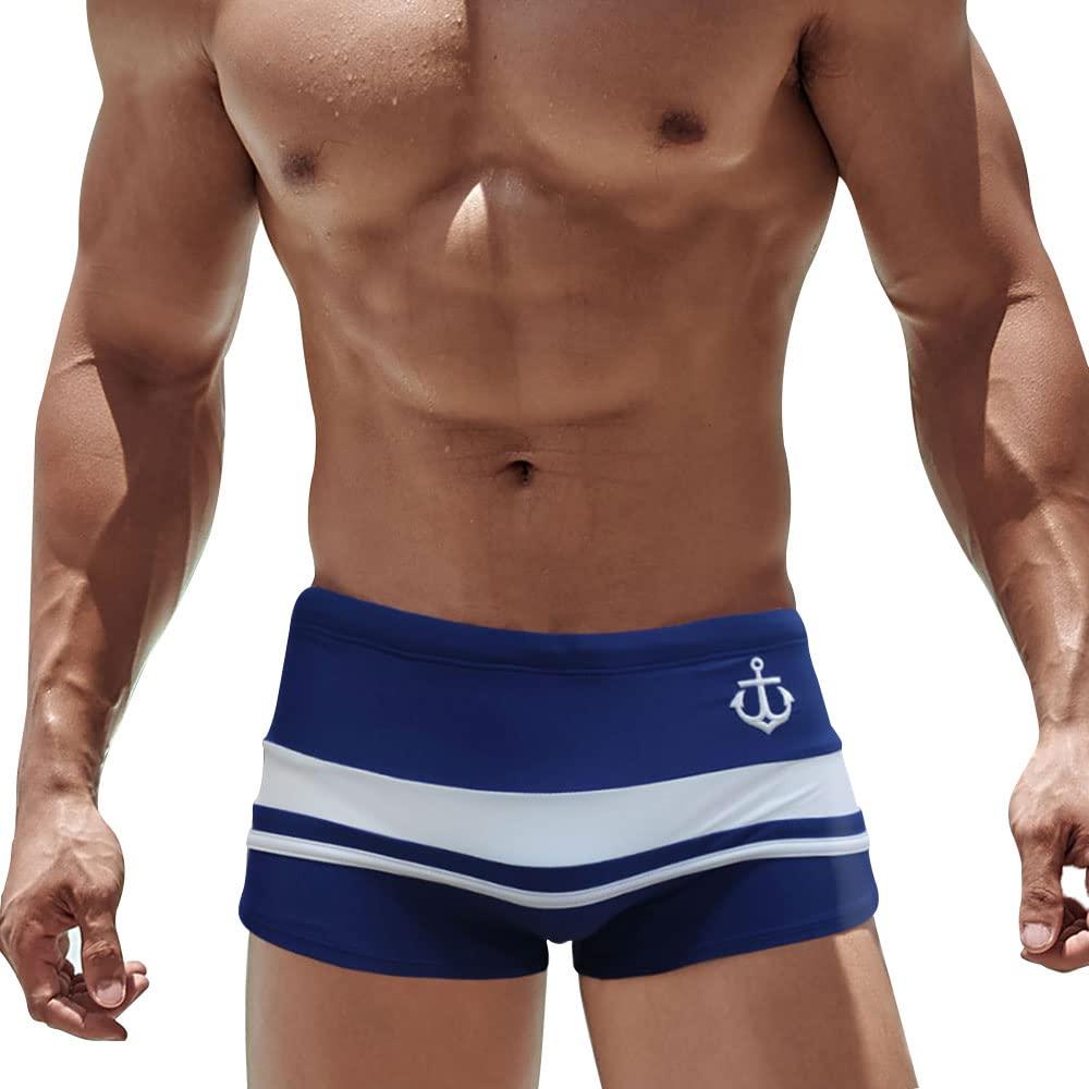 UXH UXH Sexy Swimming Trunks Men's Boxer Swim Shorts Strips Surfing Bathing (Navy Blue,X-Small)