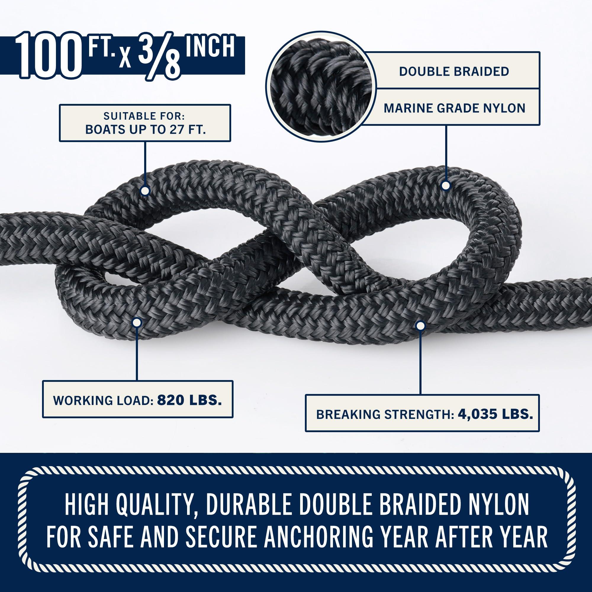 Rainier Supply Co Rainier Supply Co. Boat Anchor Line - 100 ft x 3/8 inch Anchor Rope - Double Braided Nylon Anchor Boat Rope with 316SS Thimble and Heavy Duty Marine Grade Snap Hook - Black