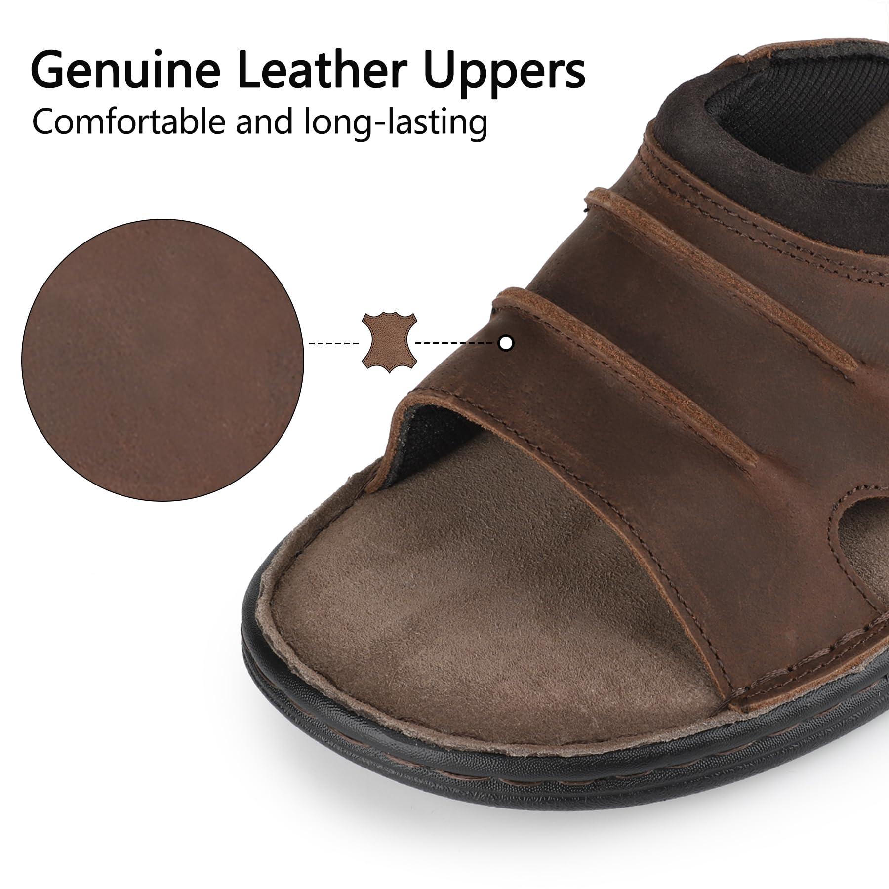 riemot riemot Men's Leather Sandals Outdoor Walking Cushioning Arch Support Sandals Casual Lightweight Non-slip Comfortable Summer Slides Shoes Brown US 9/ EU 42