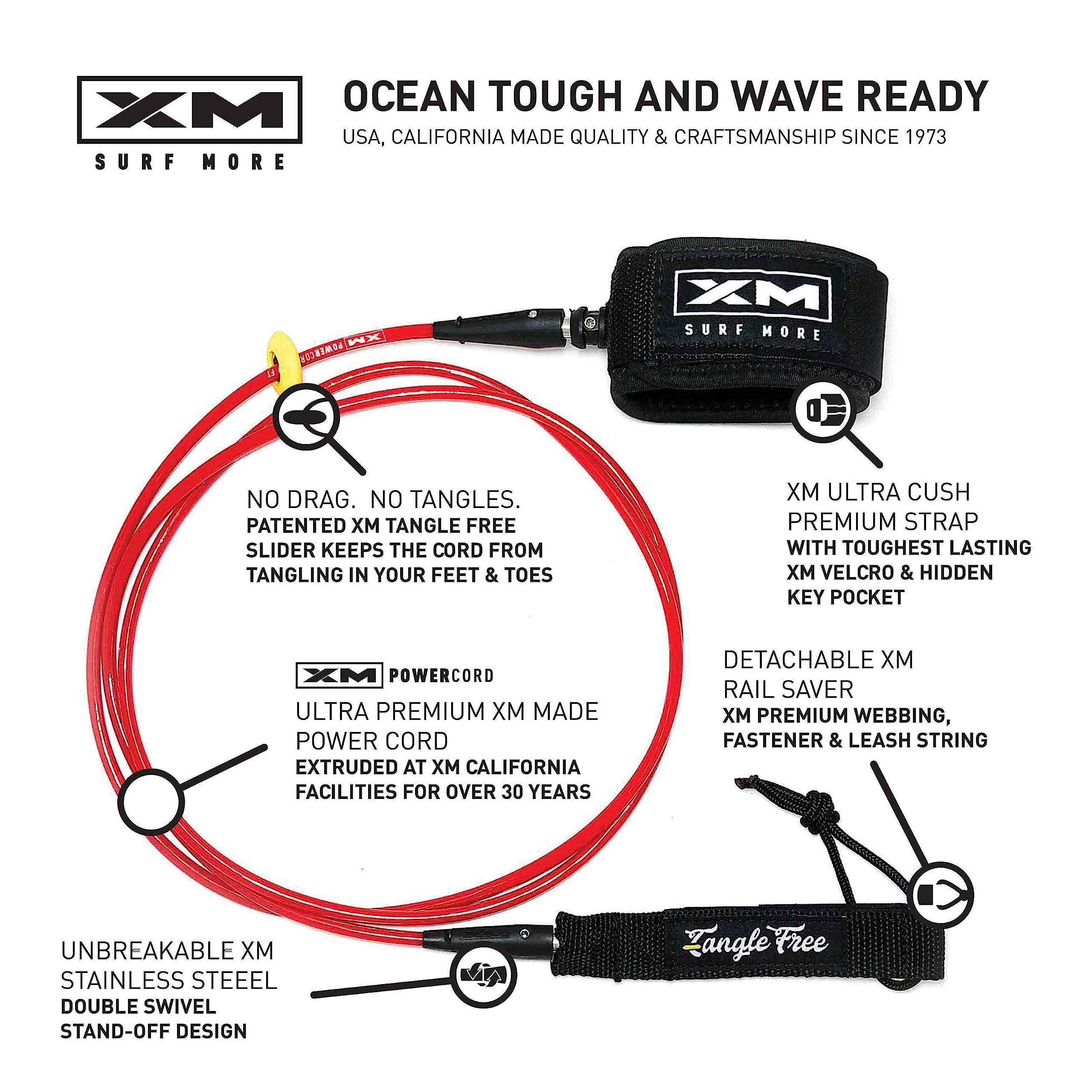 XM SURF MORE XM SURF MORE Big Wave 9ft Surfboard Leash with Tangle Free Upgrade, Cord Thickness (.313in), Key Pocket, Unbreakable Swivels, Detachable Railsaver, Made in USA