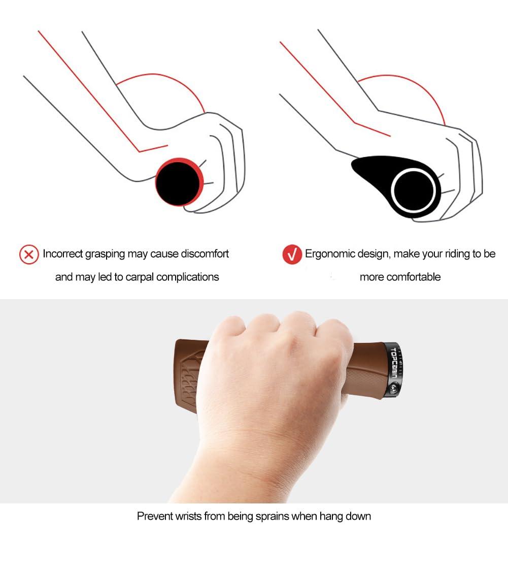 TOPCABIN TOPCABIN Bicycles Handlebar Grips, Aluminum Lock-on Ergonomic Bike Grips, Cushion Vibrations Comfort Bike Handlebar Grips, Mountain MTB BMX Bicycles Grips for Scooter (Ergonomic Rubber(Brown))
