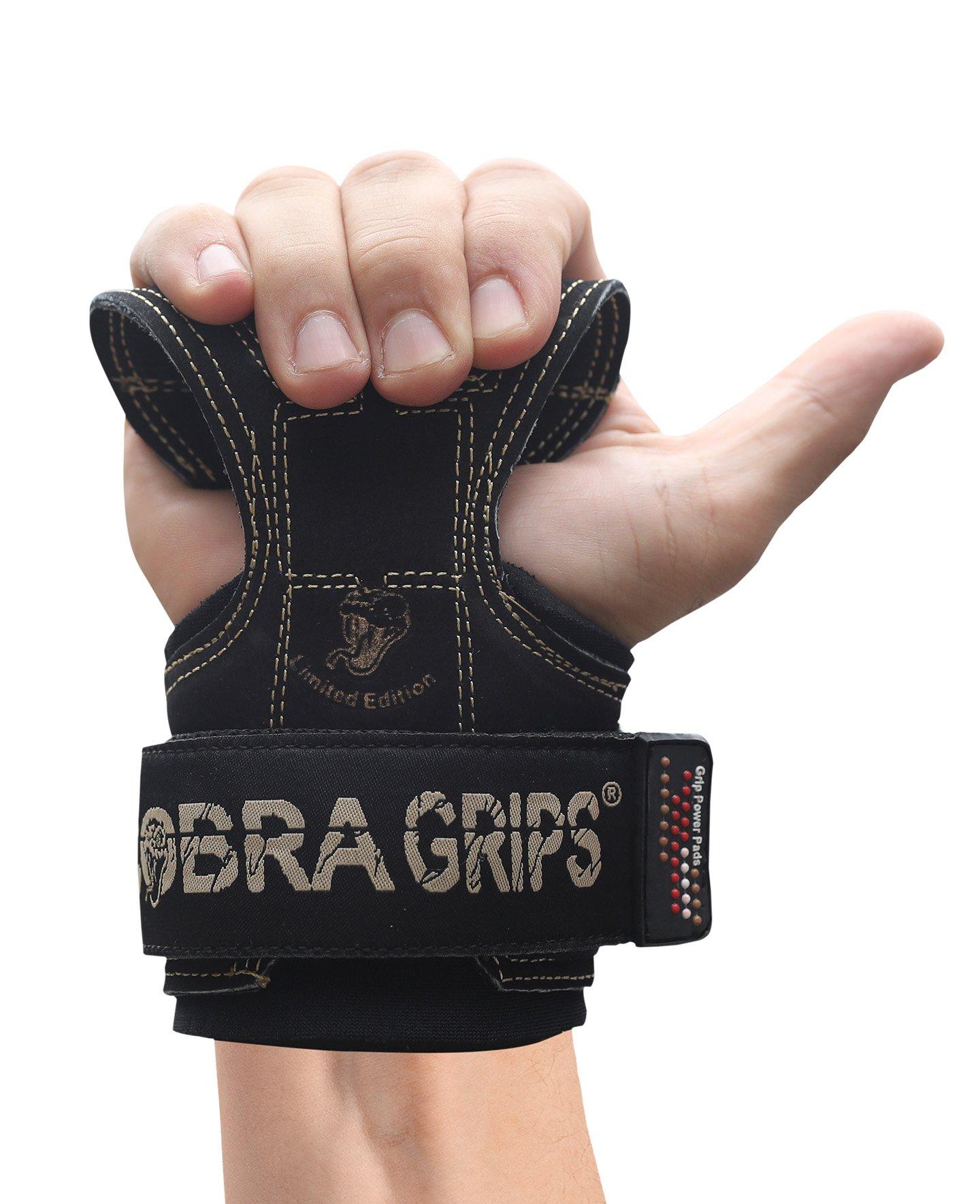 Grip Power Pads Cobra Grips PRO Weight Lifting Gloves Heavy Duty Straps Alternative to Power Lifting Hooks for Deadlifts with Built in Adjustable Neoprene Padded Wrist Wrap Support Bodybuilding (PRO Black Leather)