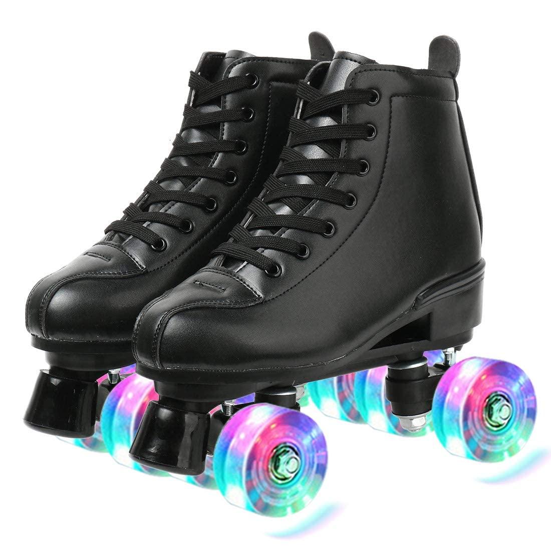 XUDREZ XUDREZ Classic Roller Skates High-Top Double-Row Leather Roller Skates for Women and Men (Black Flash Wheel,8.5)