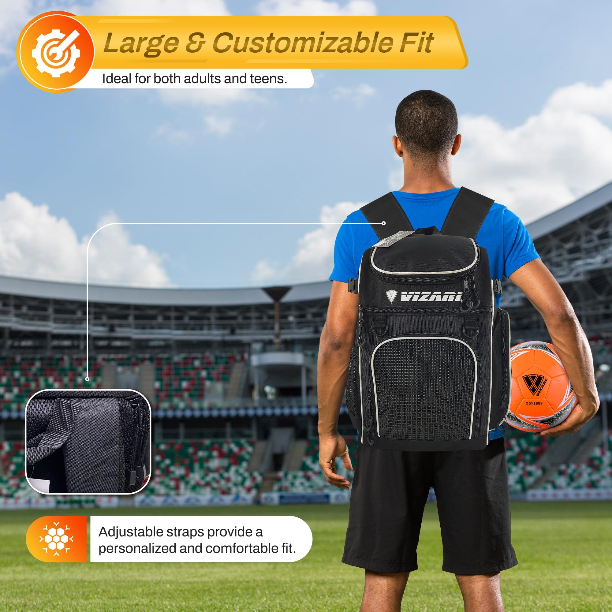 Vizari Vizari Soccer Backpack Soccer Bag | Water resistant Durable Equipment Bag for Football, Basketball, Volleyball | Cleats and Ball Compartment - Black, Blue, Red