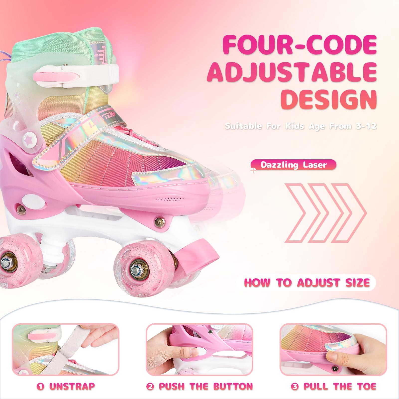 LEVYTEMP LEVYTEMP Rainbow Roller Skates for Girls Kids, Gradient Pink 4 Size Adjustable Quad Skates Size Medium Ages 6-12 with All Light Up Wheels for Kids Youth Outdoor Indoor