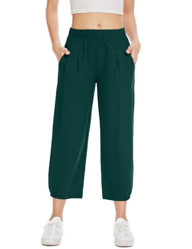 WROLEM Women\'s Capri Yoga Pants Loose Soft Workout Causal Lounge Pants Pockets Dark-Green Small