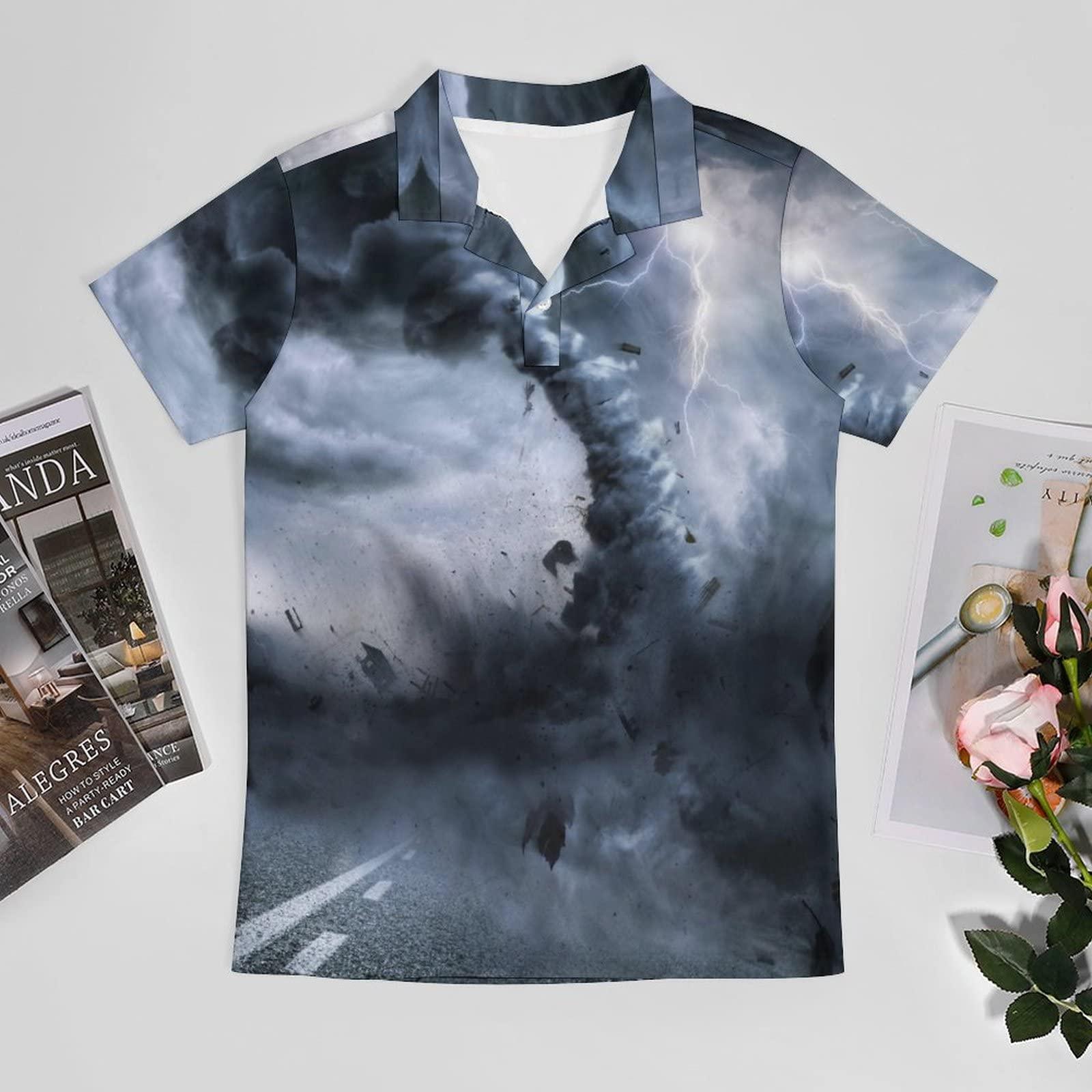 SONGTING Powerful Tornado Men's Polo Shirt Short Sleeve Print T Shirt Slim Fit Golf Shirt Collared Tee Casual Top XL