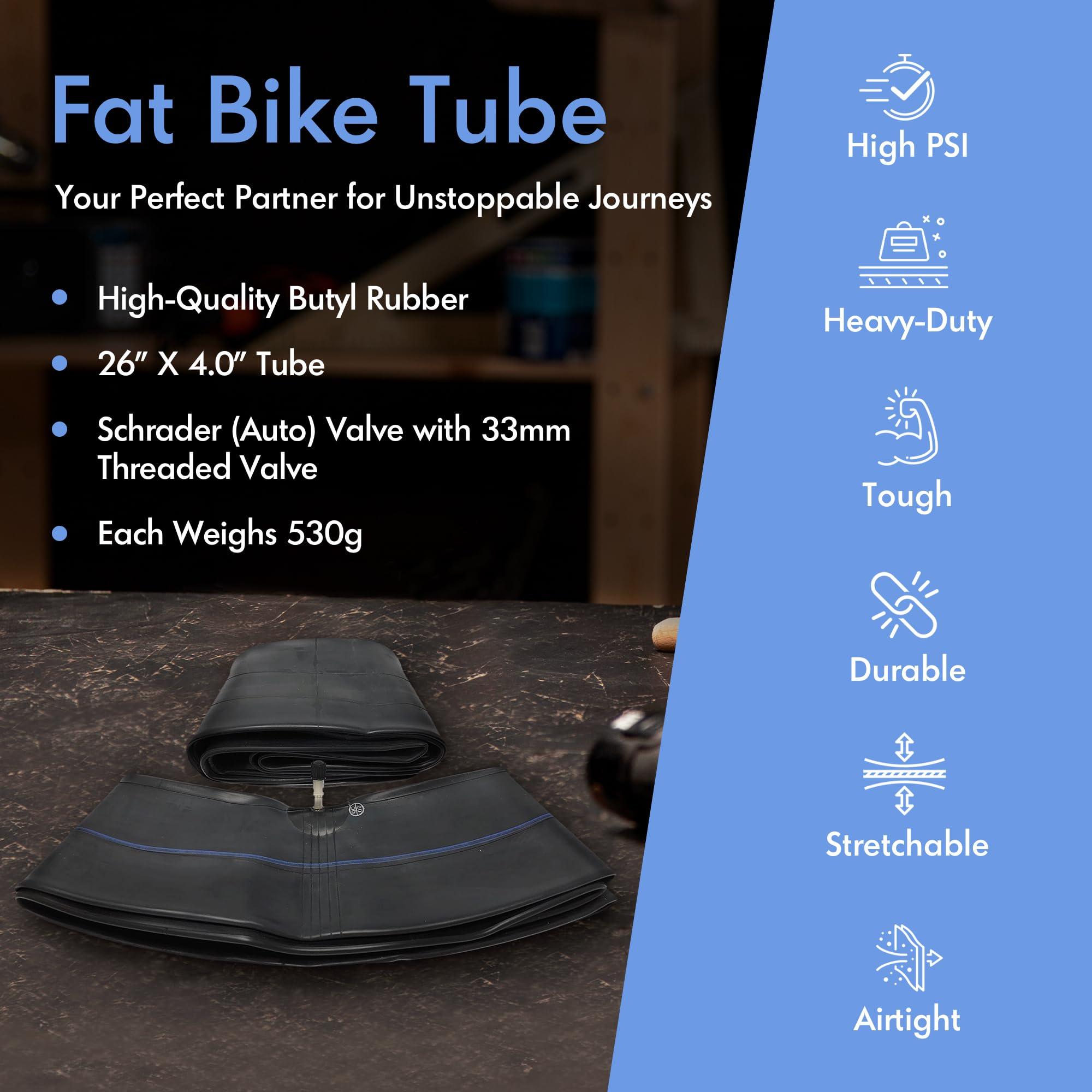 VeloTubes VeloTubes 26 x 4.0 33mm Schrader (Auto) Valve, Durable Butyl Rubber Fat Bike Inner Tube, Bicycle Inner Tube for Bike Tire (Pack of 2)