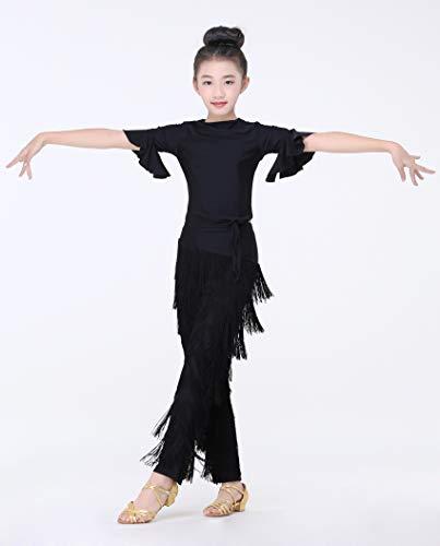 JEZISYMA JEZISYMA Girls\' Practice Performance Christmas Party Tassel Fringed Ballroom Latin Tango Salsa Dance Pants (Black, XS)