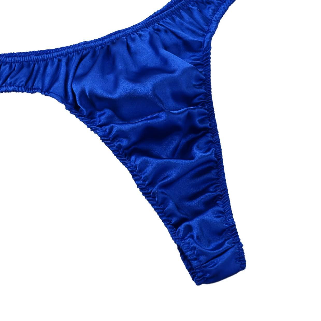 QinCiao QinCiao Mens Silky Shiny Satin Ruffled Sissy Bikini Thongs Crossdress Underwear Panties Blue Large