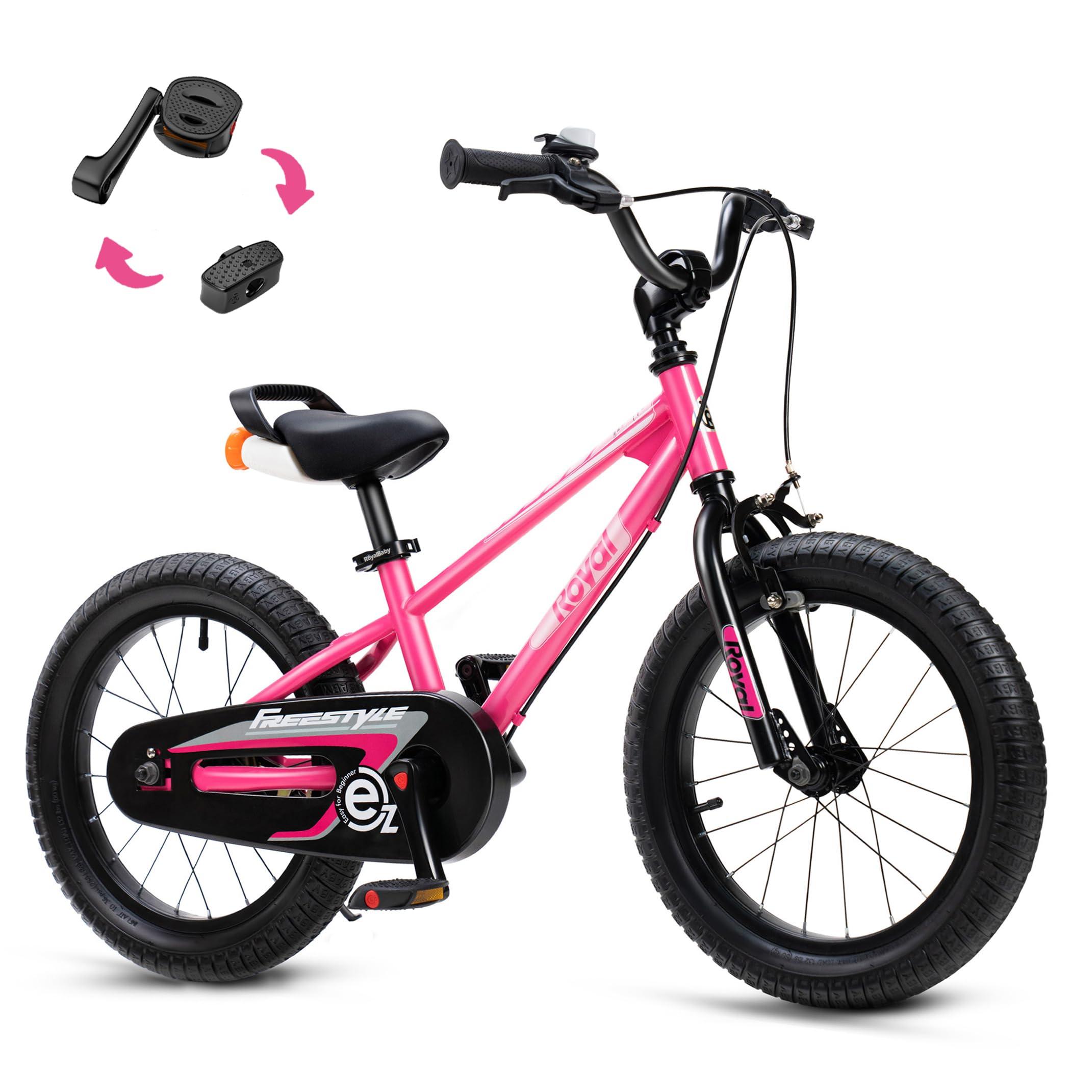 RoyalBaby Royalbaby EZ Kids Bike, 16 Inch Balance Pedal Convertable Bicycle, Easy Learn Balancing to Biking Boys Girls Ages 4-7 Years Beginners, 16" Wheel Pink