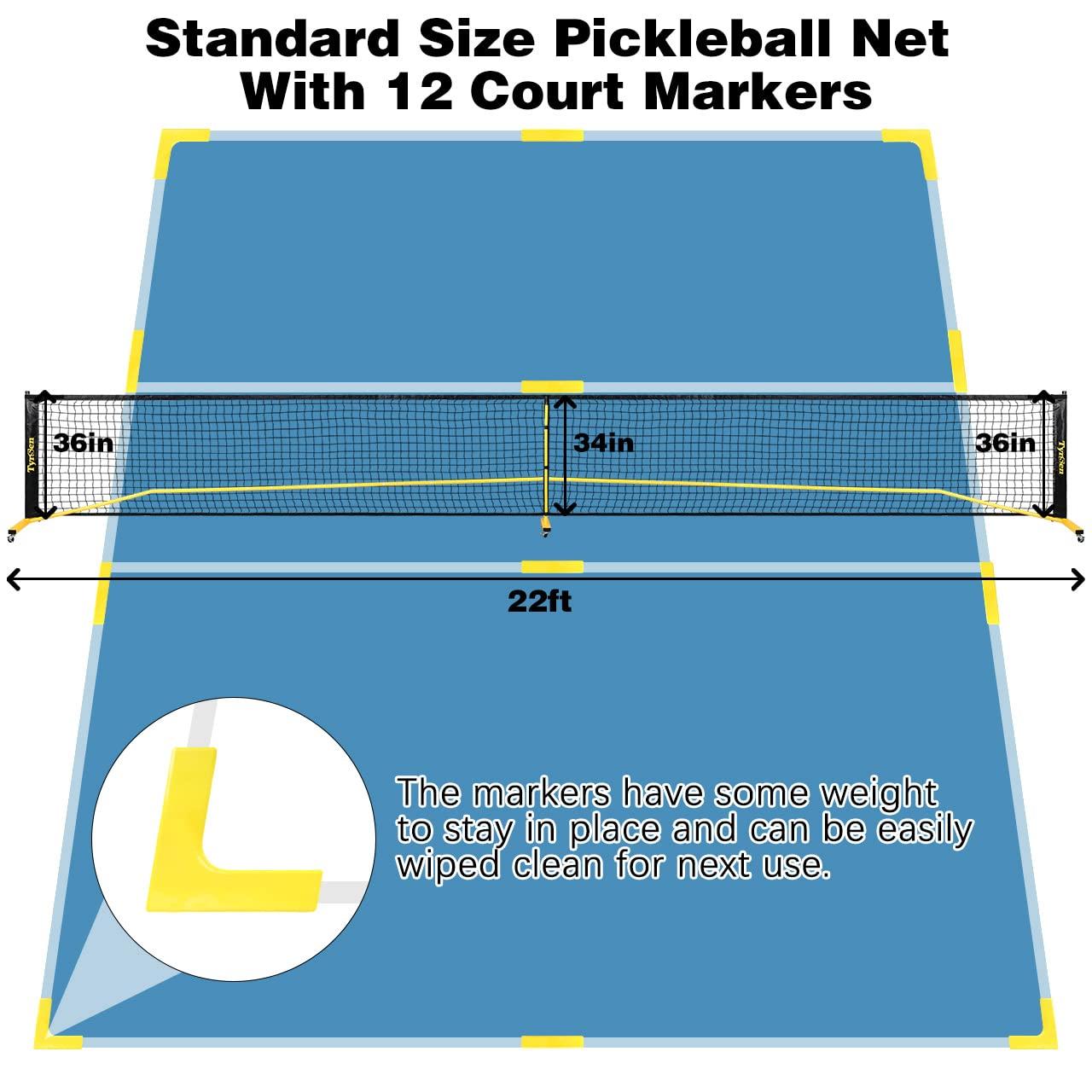 TYRSEN TYRSEN Pickleball Net Set - Pickleball Net on Wheels for Driveway Backyard, 22FT Regular Size, 4 Pickleball Paddles & 6 Balls, 12 Court Markers, 1 Carry Bag, Pickleball Set for Indoor Outdoor Play