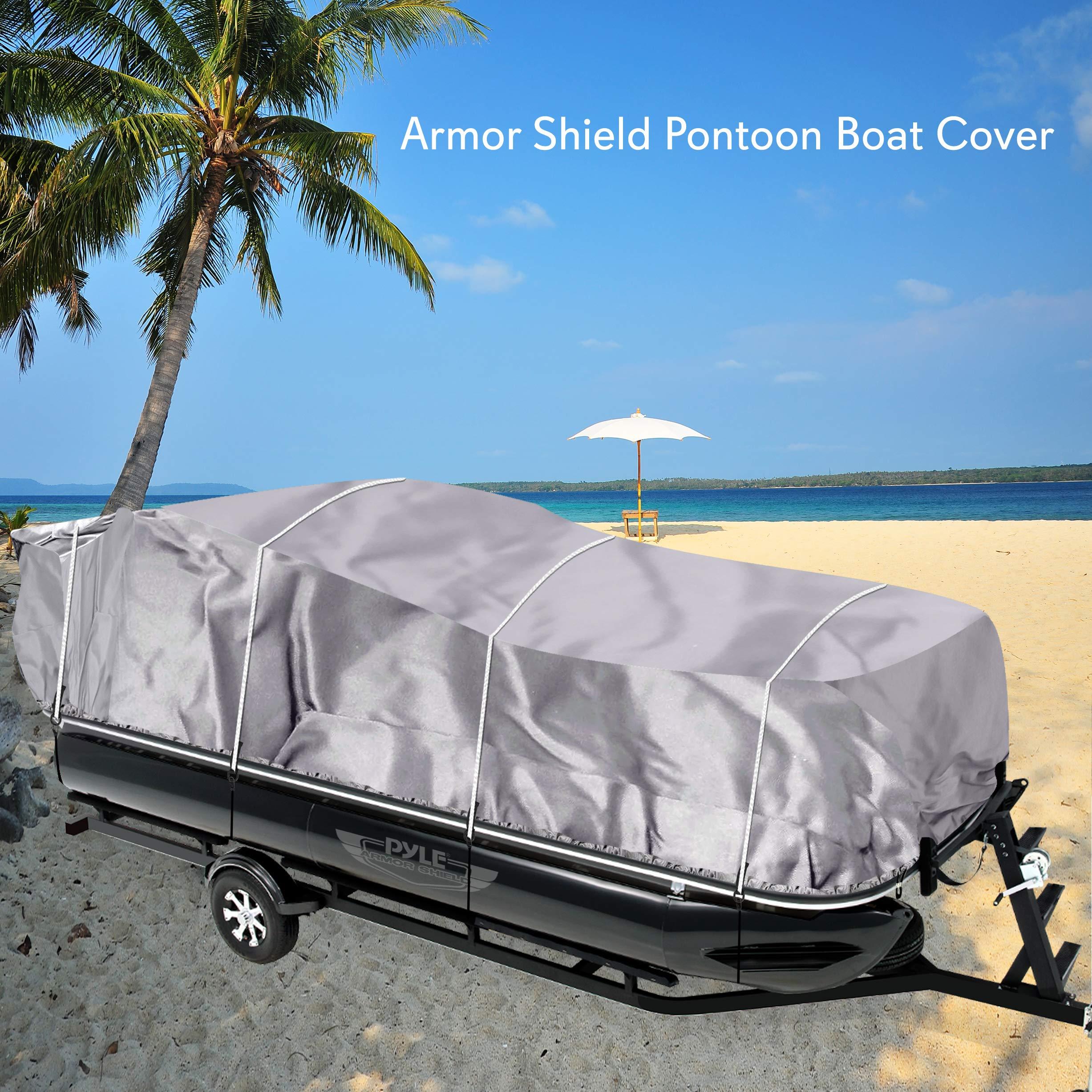 Pyle Pyle Universal Boat Adjustable Storage Cover - 25\'-28\'L to 96 Pontoon Boats Protection Custom Heavy Duty Waterproof Polyester Fabric, Snap Strap, Elastic Cord, Bag