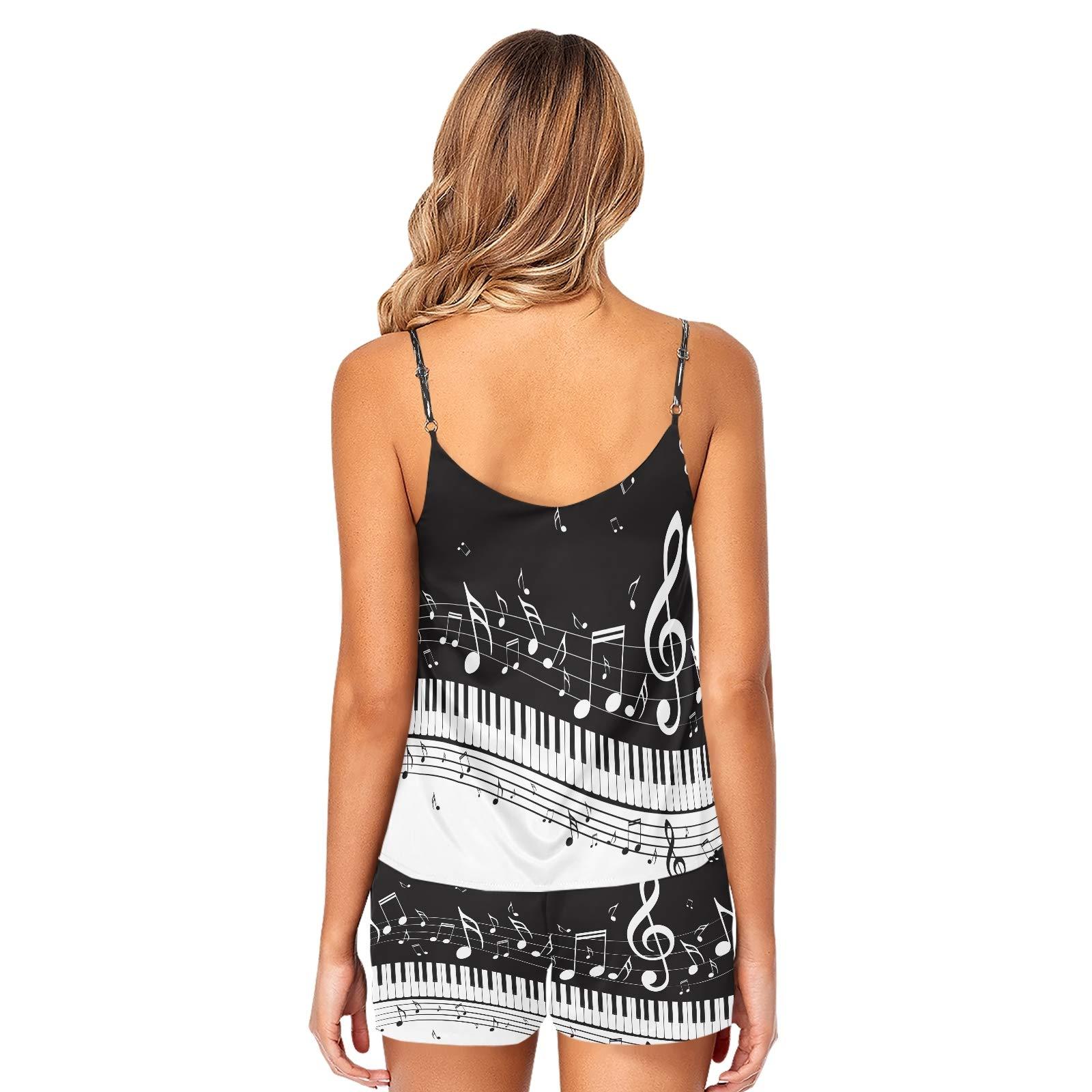 ALAZA ALAZA Music Notes Piano Key Black Pajamas Shorts Set Women Sleep Lingerie Satin Nightwear L