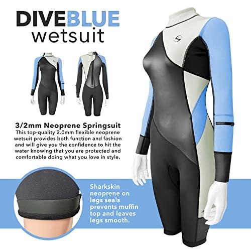 Platinum Sun Women\'s Limestone Neoprene Wetsuit Shorty Wet Suits for Women in Cold Water Long-Sleeve Half Leg Water Suits Springsuit for Scuba Diving Surfing Kayaking Canoeing Snorkeling - 2.0mm (Dive-Blue, M)