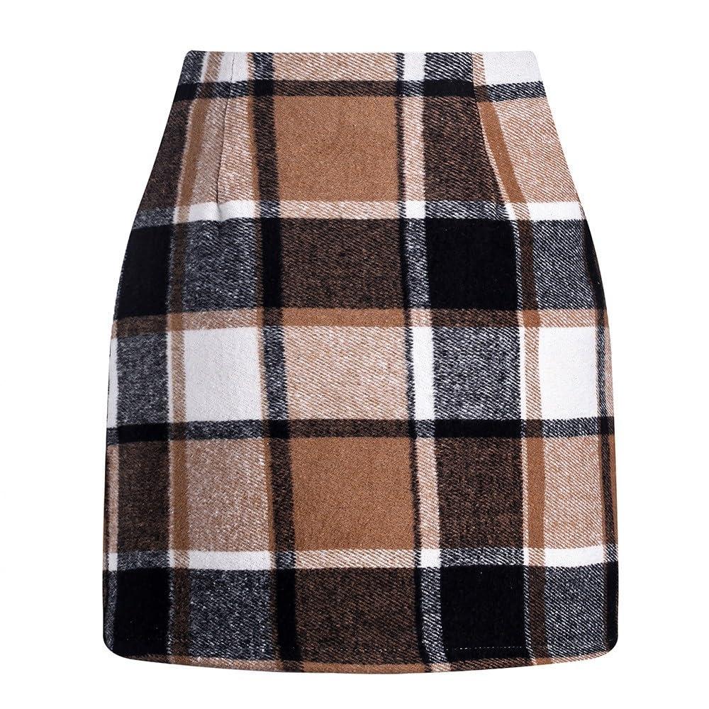 NineFit Basics Plaid High Waisted Tweed Miniskirt for Women - Short Bodycon Pencil Skirt, Checkered Wool, Stretch Flannel, Knee Length Holiday Tartan, Cute Y2k, Elegant Winter