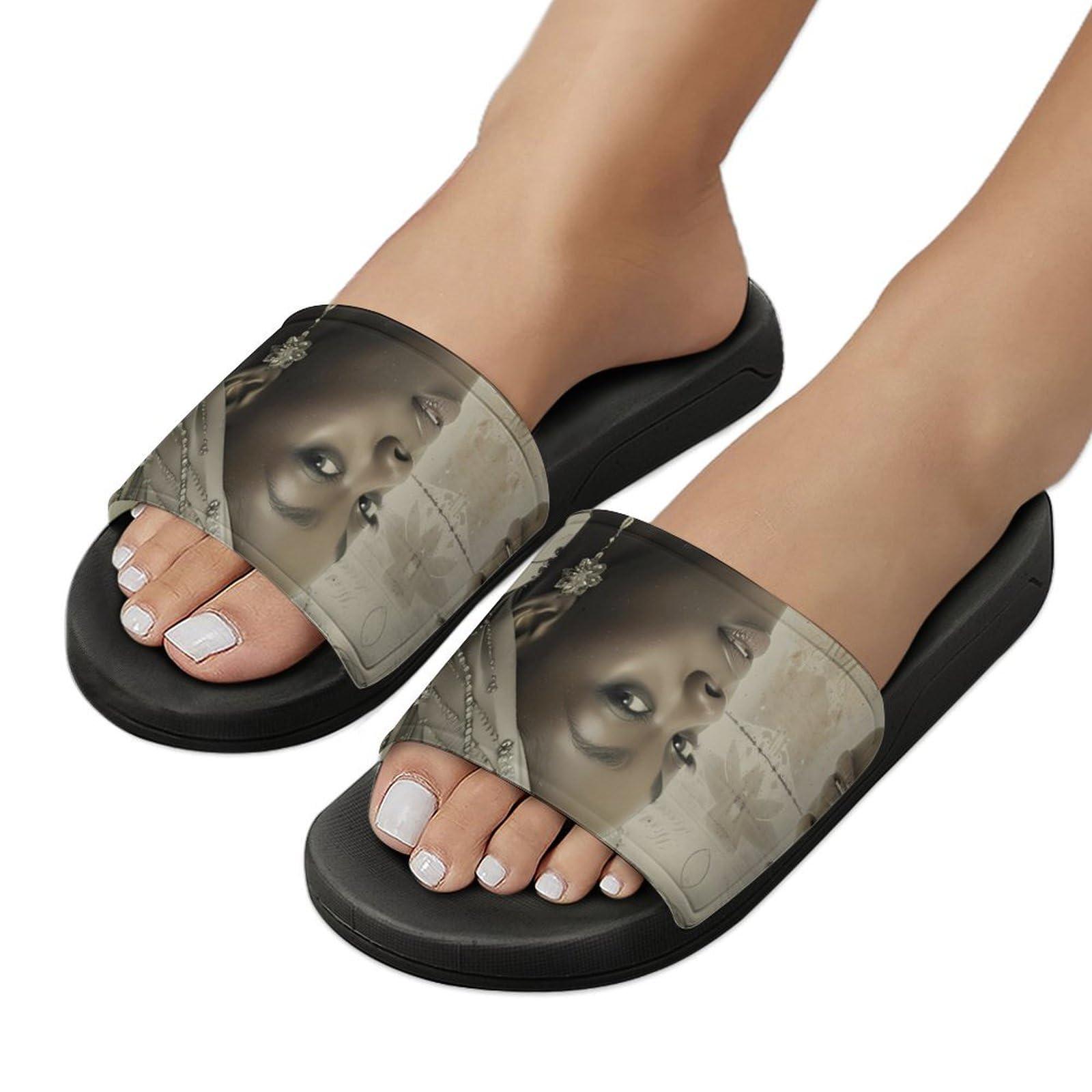 NineFit Basics African American Black And Silver Woman PVC Home Slippers Non-Slip Bathroom Slippers Durable Shower Shoes for Women Men 43 (265mm)