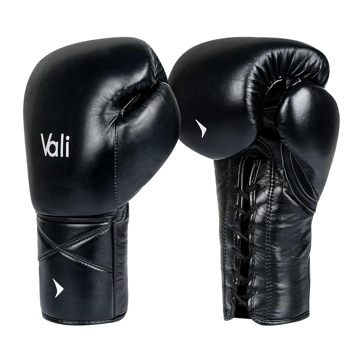 Vali Vali Lancer Leather Lace Up Boxing & MMA Gloves for Pros Sparring (Black, 14OZ)