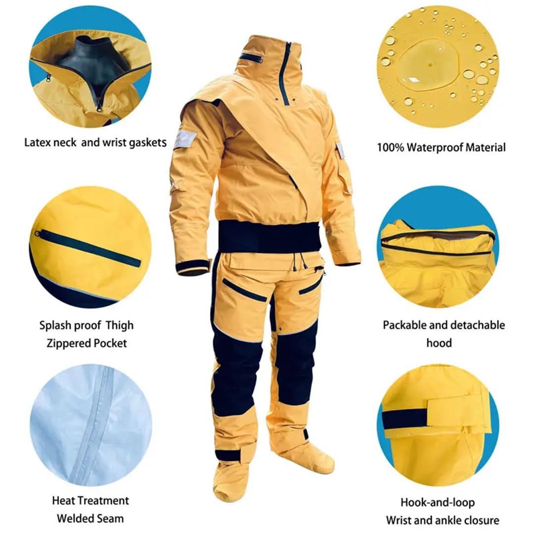 Wjnvfioo Wjnvfioo Kayak Dry Suits Men Hooded One-Piece Overall Paddling Drysuit Waterproof Survival Rescue Clothes EN8 S