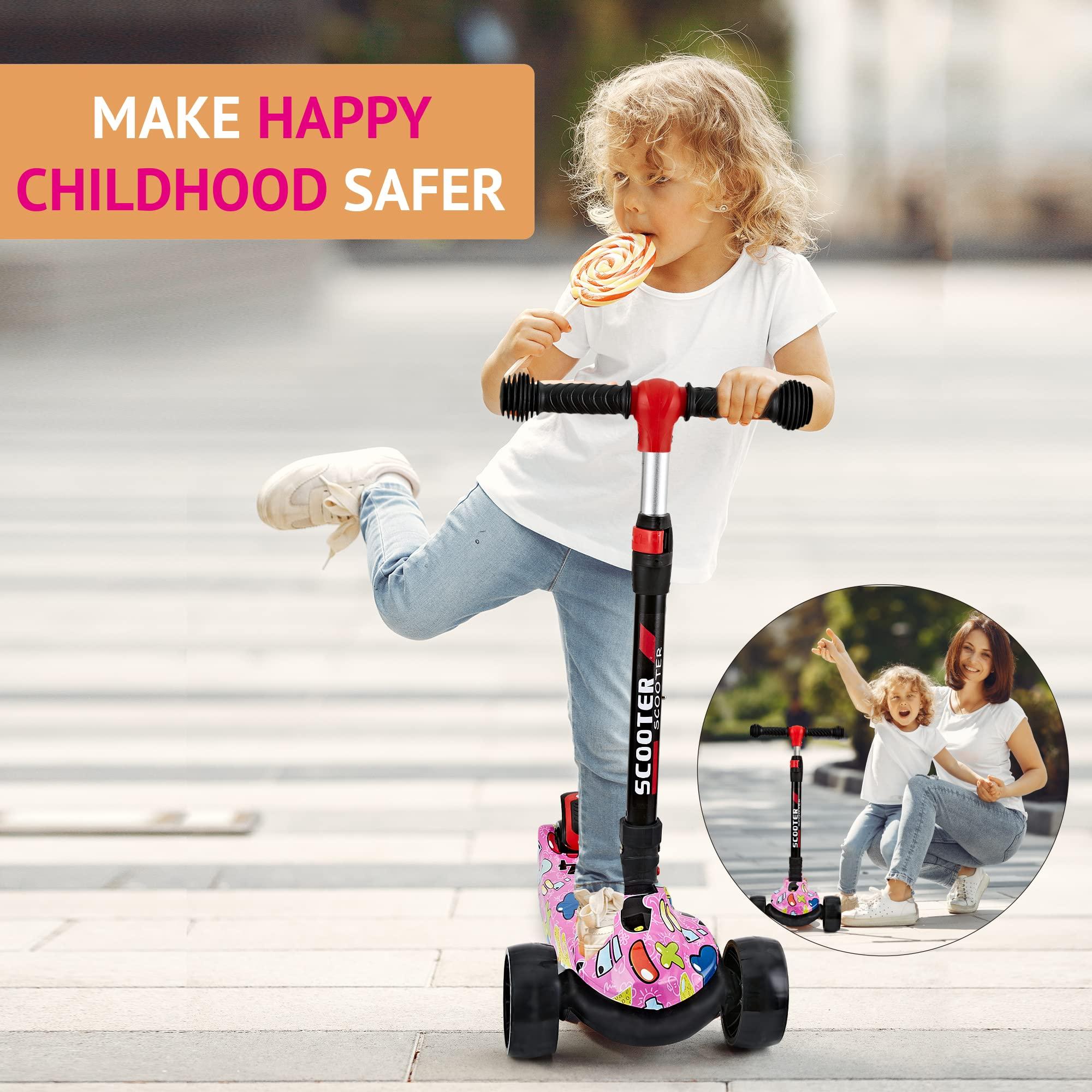 HOOJIN Scooter for Kids Ages 3-12, Foldable & Height Adjustable Kids Scooter with Graffiti Bodywork, Non-Slip Deck and Extra Wide PU Light-up Wheels (200 Lbs Weight Capacity)