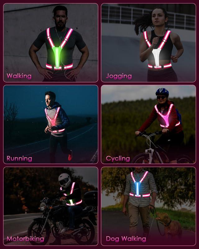 Fitense XL Size - LED Reflective Running Vest, 5 Colors Light Up Running Vest Rechargeable Running Lights for Runners High Visibility Reflective Running Gear, Adjustable for Men and Women