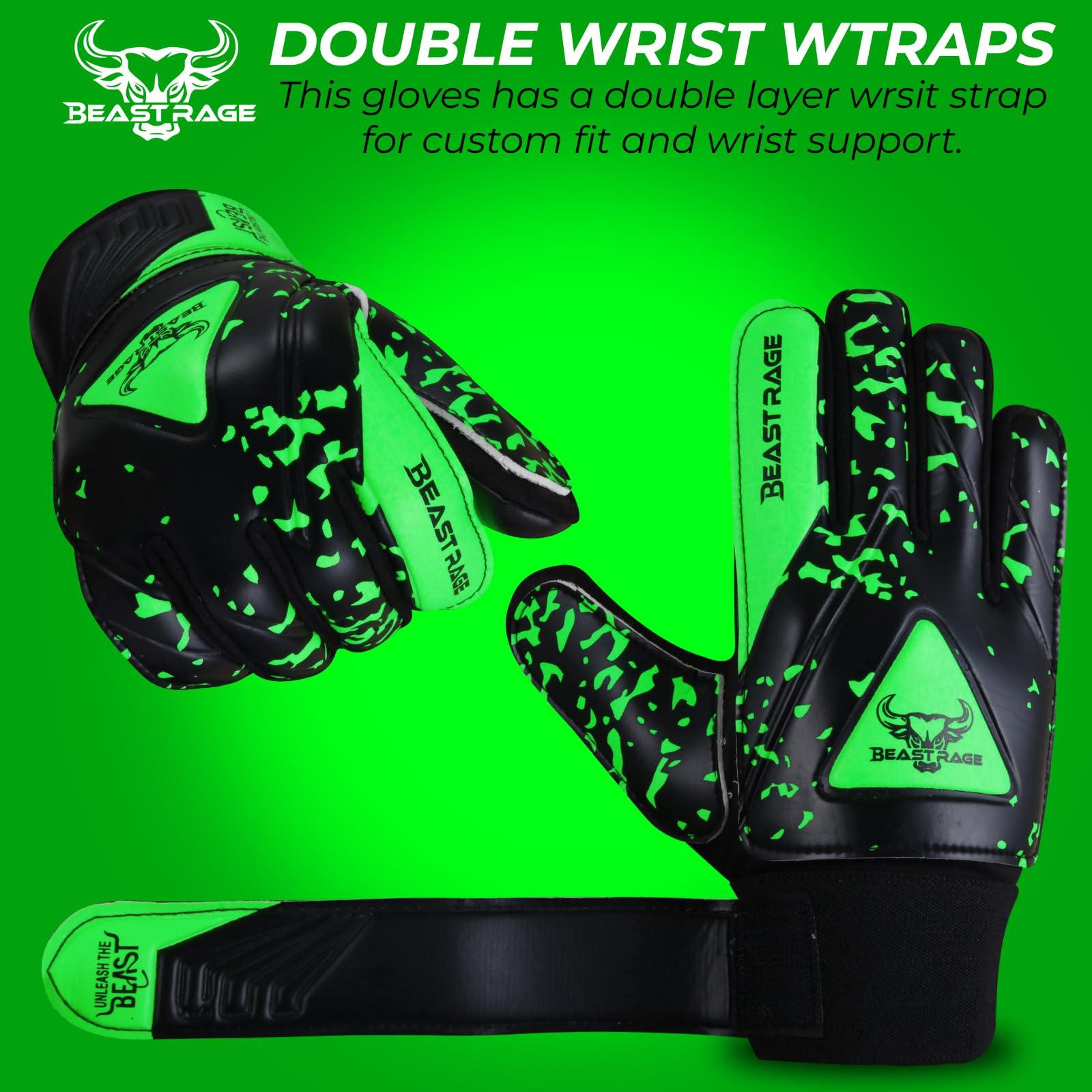 BEAST RAGE BEAST RAGE Goalkeeper Gloves for Kids Support Grip Youth Football Glove Kid Junior Soccer Glove for Kid 6-15 Men Adult Boys Football Gloves (Green, Size 5 for (9 to 12 Year Kid))