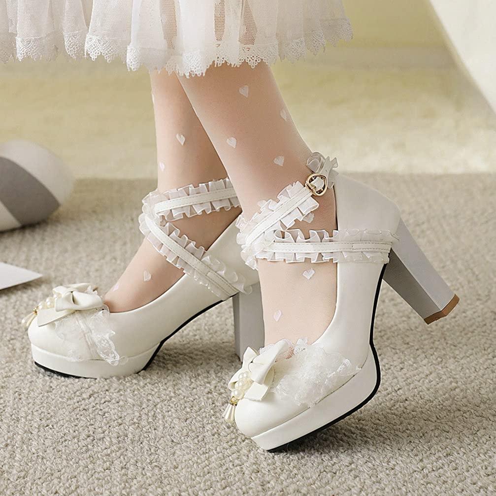 KOKOMOMO KOKOMOMO Womens Kawaii Platform Lolita Shoes Block High Heel Strappy Pumps,Size 4 White