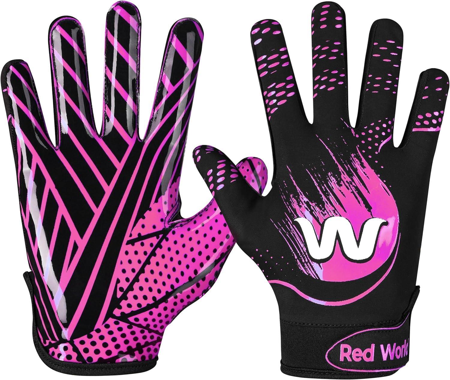 RED WORLD RED WORLD Football Gloves for Kids, Youth and Adult, Receiver Gloves for Boys and Girls, Men and Women, Enhanced Performance (Pink, Large)