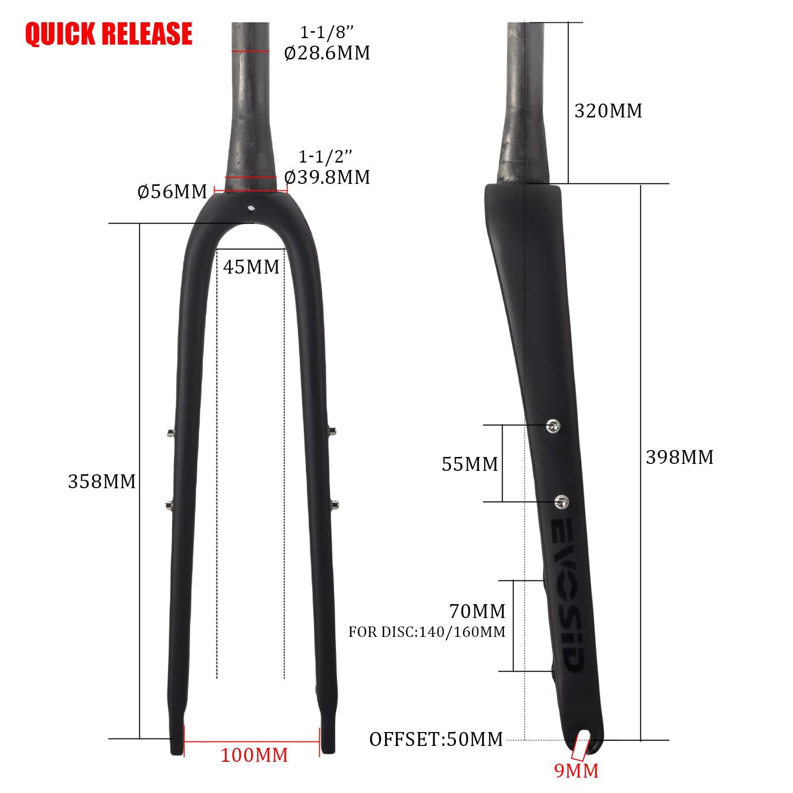 EVOSID EVOSID Gravel Fork Full Carbon Fiber Road Bicycle Fork 28.6mm Disc Brake Bike Fork 700 * 45C Thru Axle 12X100mm V Brake Hard Fork (QR Carbon Fork)