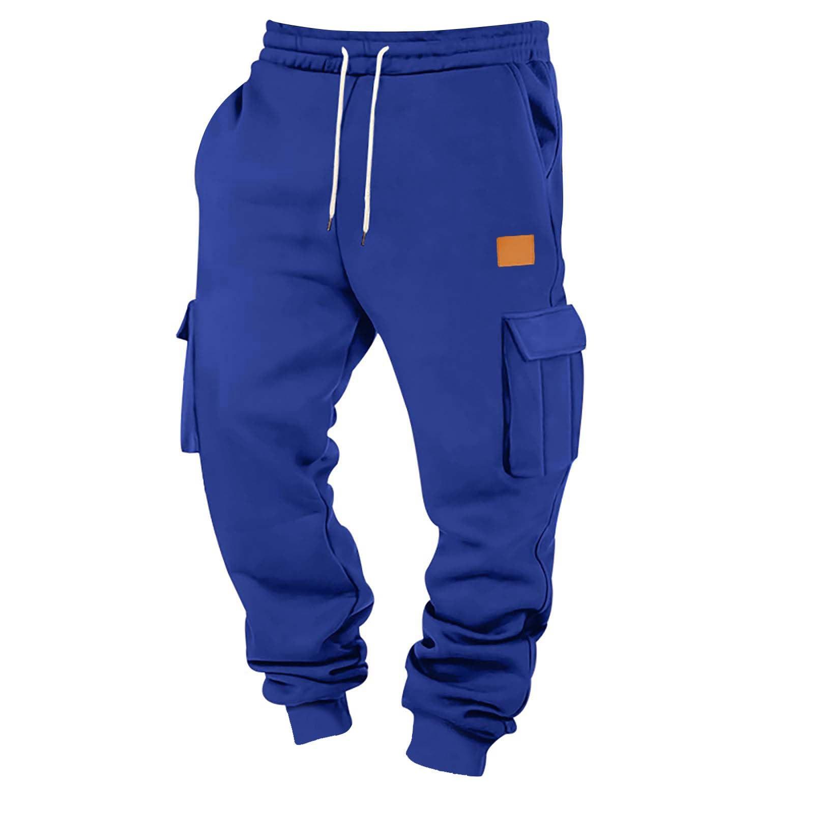 NineFit Basics Royal Blue Sweatpants Open Bottom Sweatpants for Men Winter Warm Fleece Lined Cargo Pants Relaxed Fit Tapered Work Pants with Pockets Heavyweight Sweatpants Thermal Hiking Pants Wide Leg Sweatpants