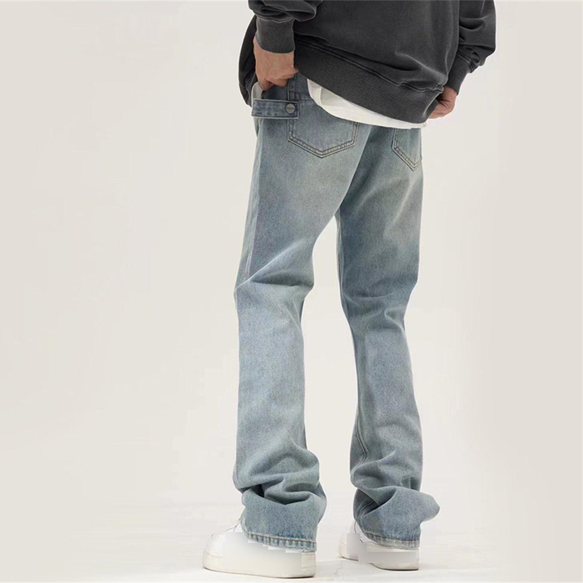 JEsilunmaMY JEsilunmaMY Men's Wash Distressed Denim Pants Relaxed Fit Straight Leg Jeans Trousers Retro Fashion Comfort Baggy Jeans (Light Blue,Large)