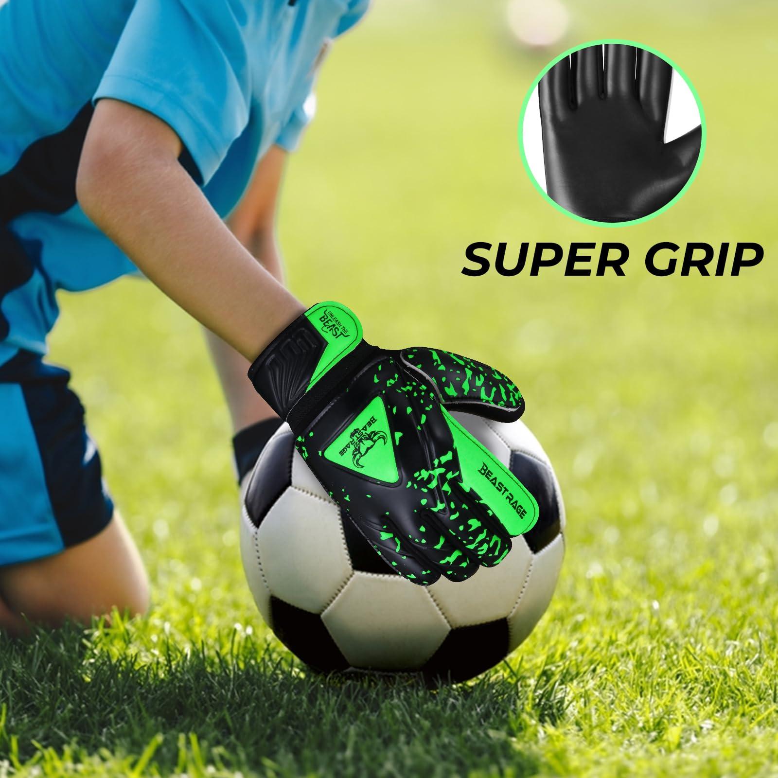 BEAST RAGE BEAST RAGE Goalkeeper Gloves for Kids Support Grip Youth Football Glove Kid Junior Soccer Glove for Kid 6-15 Men Adult Boys Football Gloves (Green, Size 5 for (9 to 12 Year Kid))