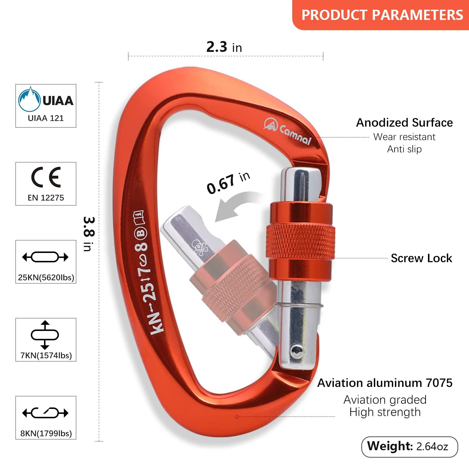 CAMNAL CAMNAL Heavy Duty Carabiner UIAA Certified Locking Carabiner 25KN (About 5620 lbs) Screw Lock Carabiner D Shape Carabiner Clip for Rock Climbing, Mountaineer, Aerial Work