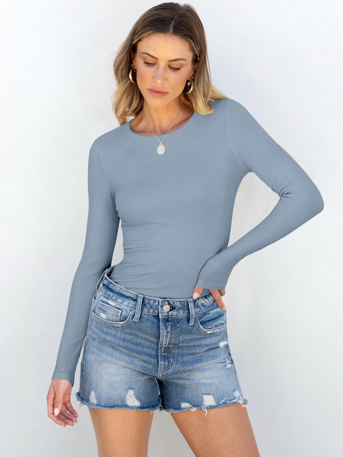 ANRABESS ANRABESS Women Long Sleeve Shirts Rib Knit Slim Fit Tops Basic Tee 2025 Fall Outfits Casual T-Shirt Underscrubs Layer Clothes Light Blue Large