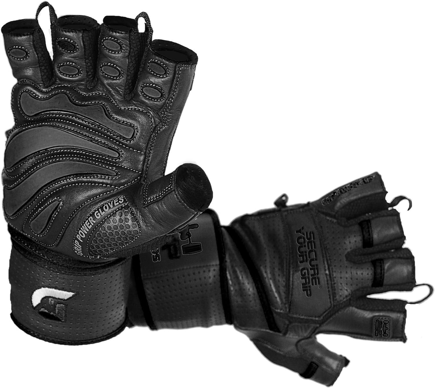 Grip Power Pads Elite Leather Gym Gloves with Built in 2" Wide Wrist Wraps Best Leather Glove Design for Weight Power Lifting Bodybuilding & Strength Training Workout Exercises (Black, Large)