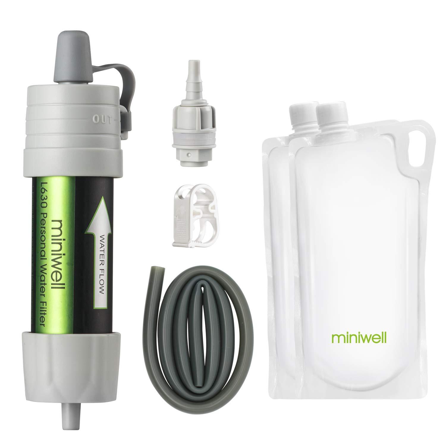 miniwell miniwell Gravity Water Filter Straw Ultralight Versatile Hiker Water Filter Optional Accessories. TUV Proven Emergency Kit Hurricane Storm Supplies. (Water Filter with Collapsible Bottles in Grey)