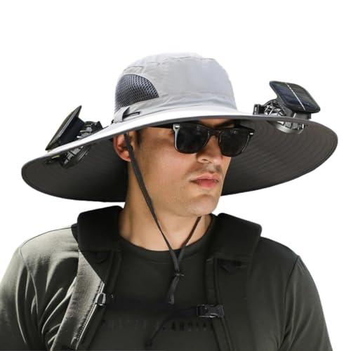 Inalsion Inalsion Wide Brim Solar Fan Hat, Wide Brim Solar Fan Outdoor Fishing Hat-Solar & USB Charging, Solar Powered Fan Hat (Light Gray,One Size)