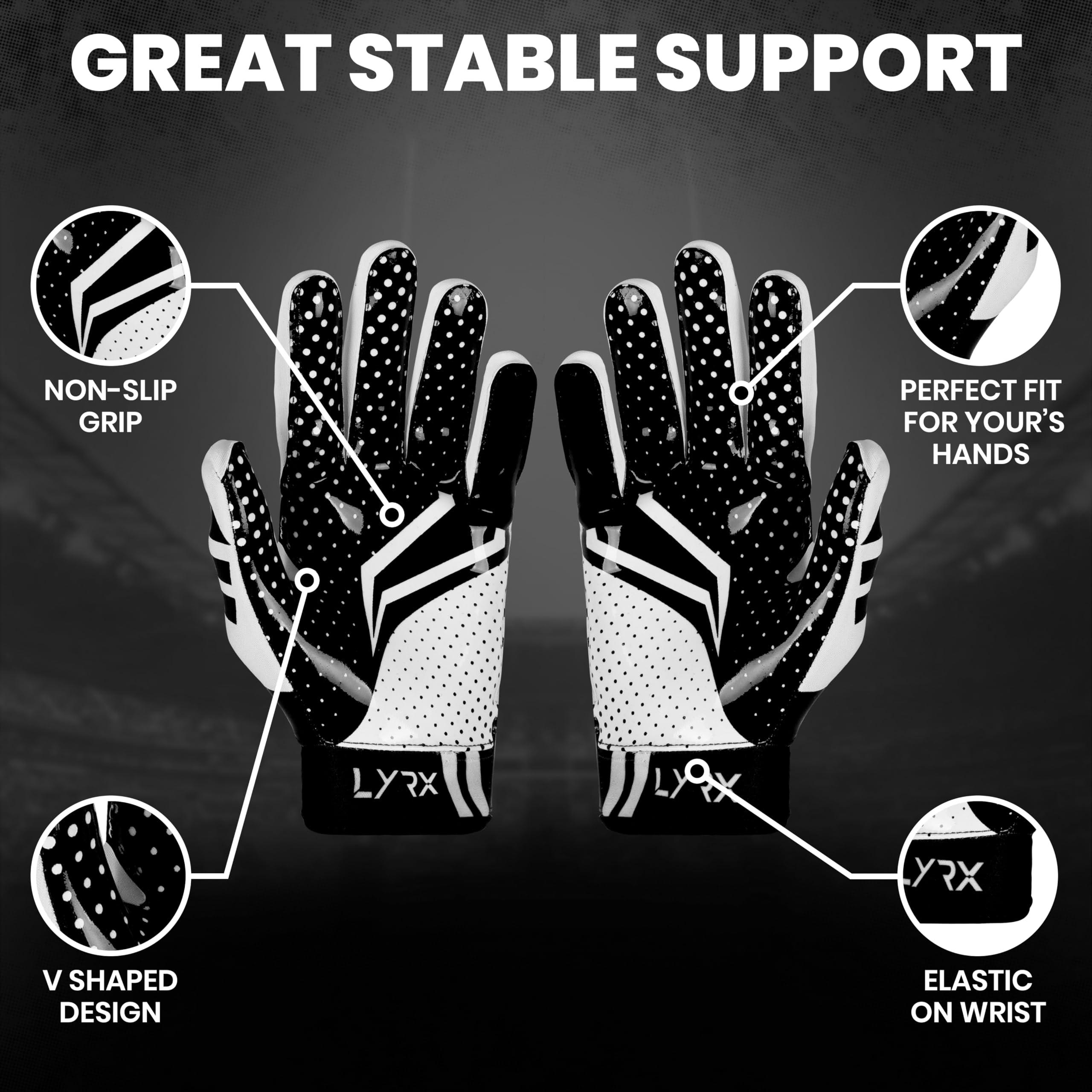 LYRX LYRX Professional Football Receiver Gloves with Optimal Silicone Palm Non-Slip Grip Control Ultra-Stick Sports Lightweight Glove and Precision Fit (Black Shine, Adult M (7.2"))