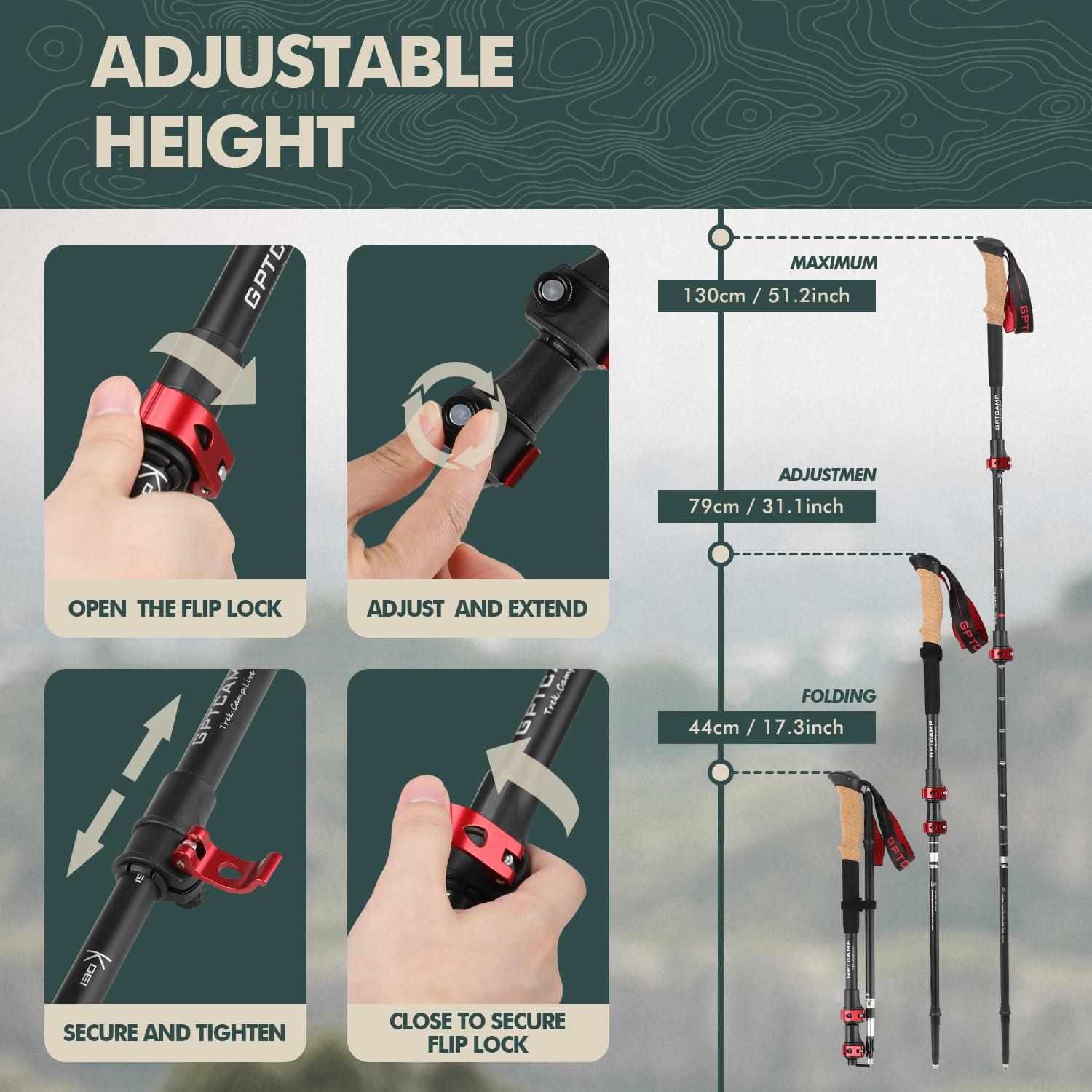 GPTCAMP GPTCAMP Walking Sticks,Trekking Poles Collapsible Hiking Poles,Lightweight Folding Travel Walking Pole for Men Women,2pc Adjustable Hiking Stick with EVA Foam Grips for Backpacking,Red