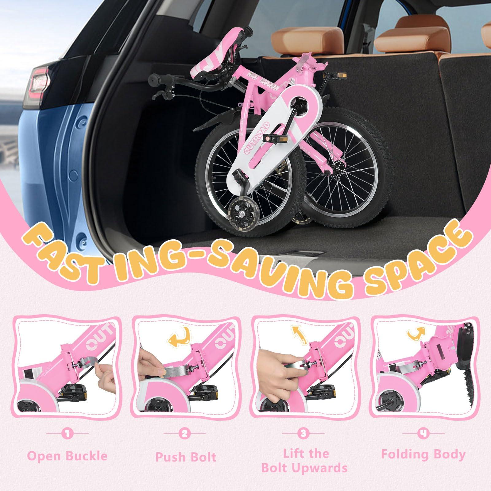MarKnig MarKnig 18 Inch Folding Kids Bike for 6-9 yrs Old Boys and Girls, Freestyle Kids Bicycle with Dual Brakes & Flash Training Wheels, Toddler Bicycle for Beginners, Pink Girls Bike