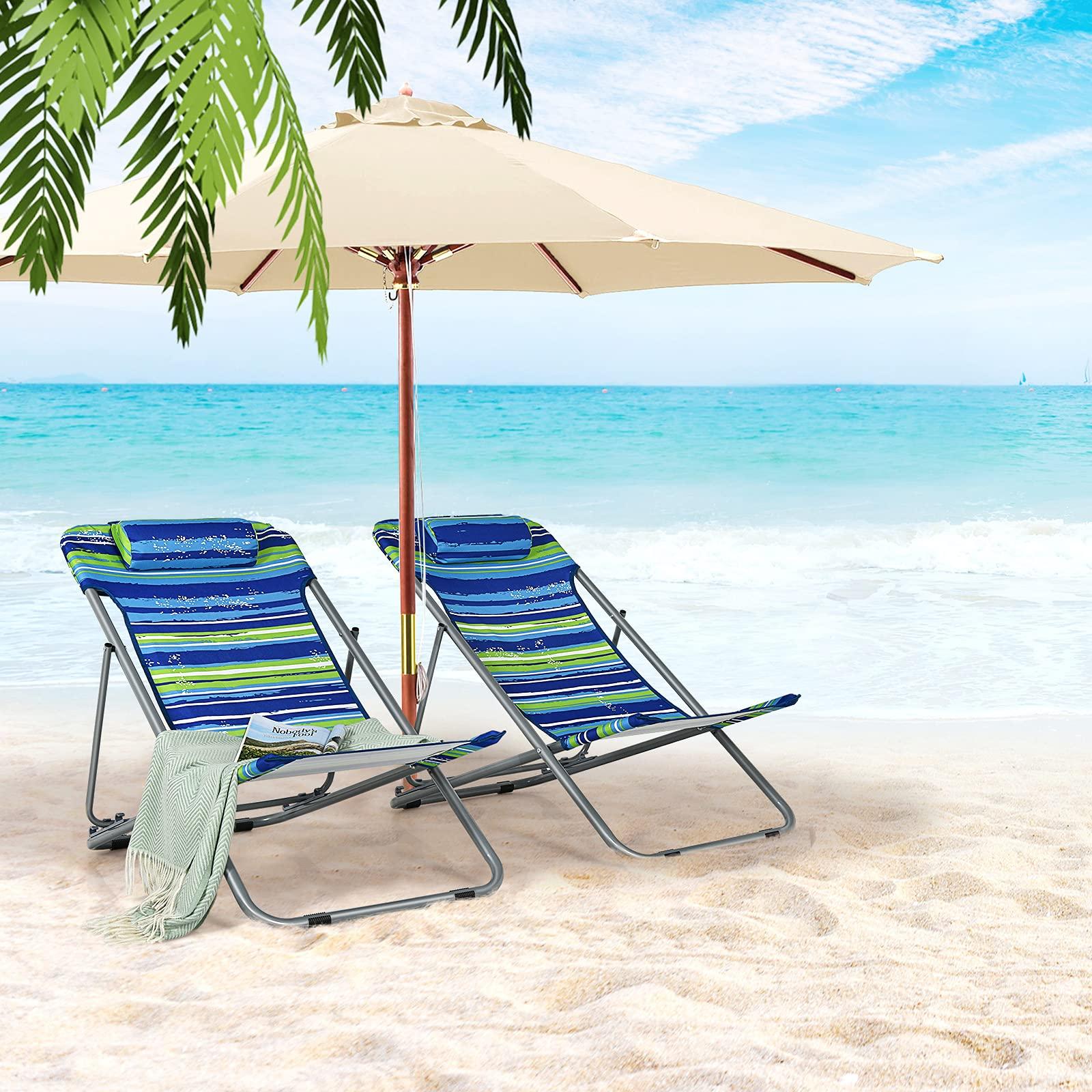 Giantex Giantex Beach Chair for Adults Camping Chair Set, Sunbathing Backpack Folding Recliner with 3 Adjustable Position, Lockable System, Headrest, Non-Slip Foot Pads, Lightweight Sand Chair (2, Blue)