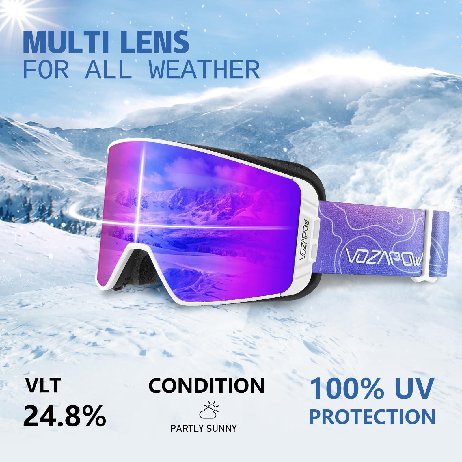 VOZAPOW VOZAPOW Ski Goggles Over Glasses Anti-Fog, Snowboard Goggles for Men Women 100% UV Protection Magnetic Interchangeable lens