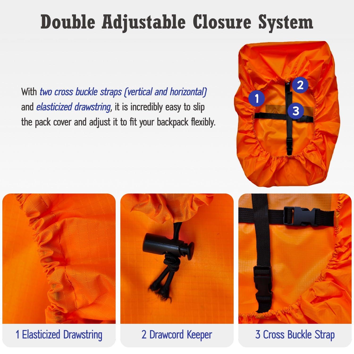 sheelokhwui sheelokhwui Waterproof Backpack Rain Cover, Heavy-Duty Nylon Pack Cover with Upgraded Double Adjustable Closure System and a Carry Pouch for Hiking, Cycling, Camping, Outdoor (Orange, M, 25-45L)