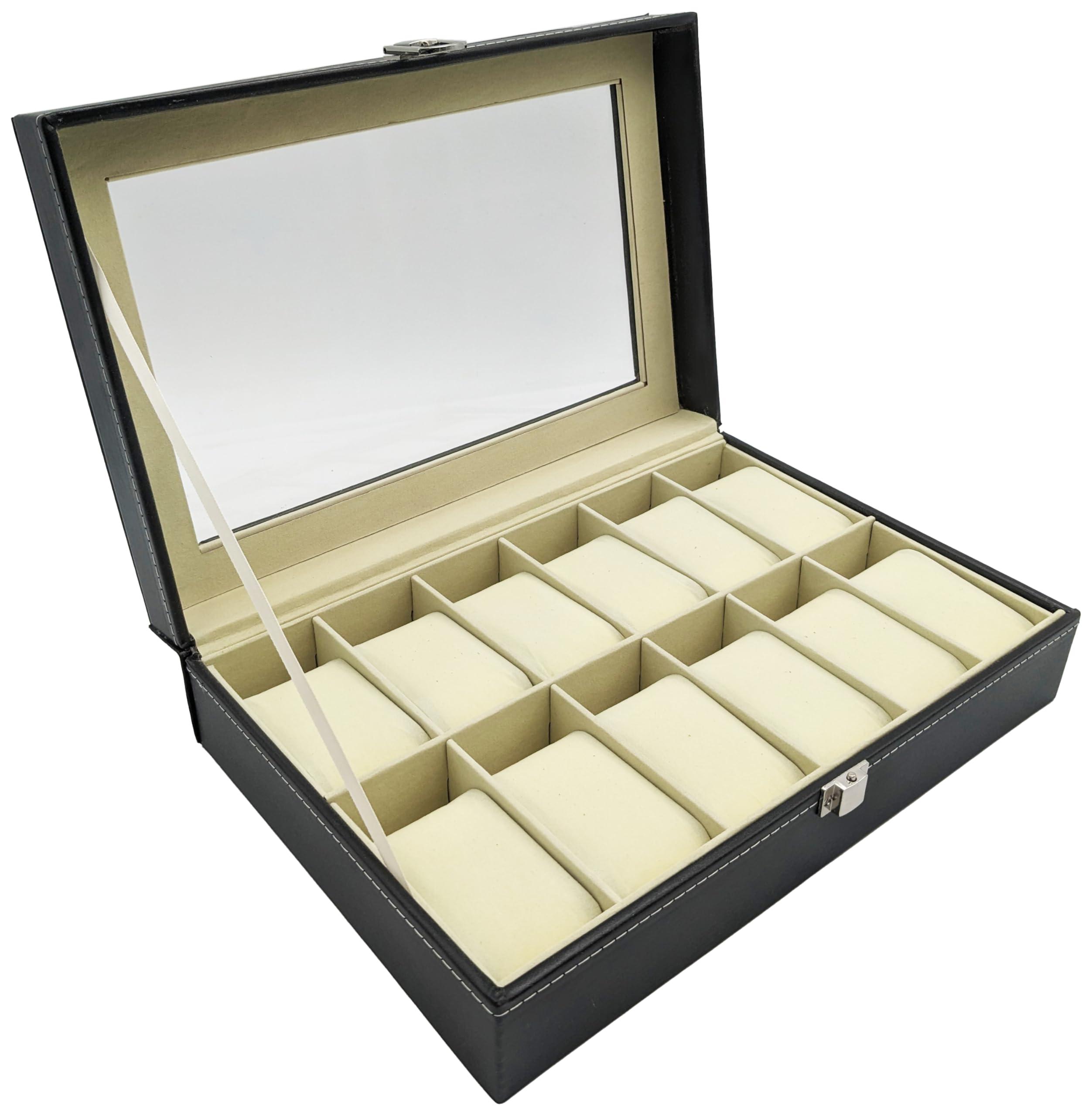 Science Purchase SciencePurchase Watch Box Large 12 Mens Black Leather Display Glass Top Jewelry Case Organizer