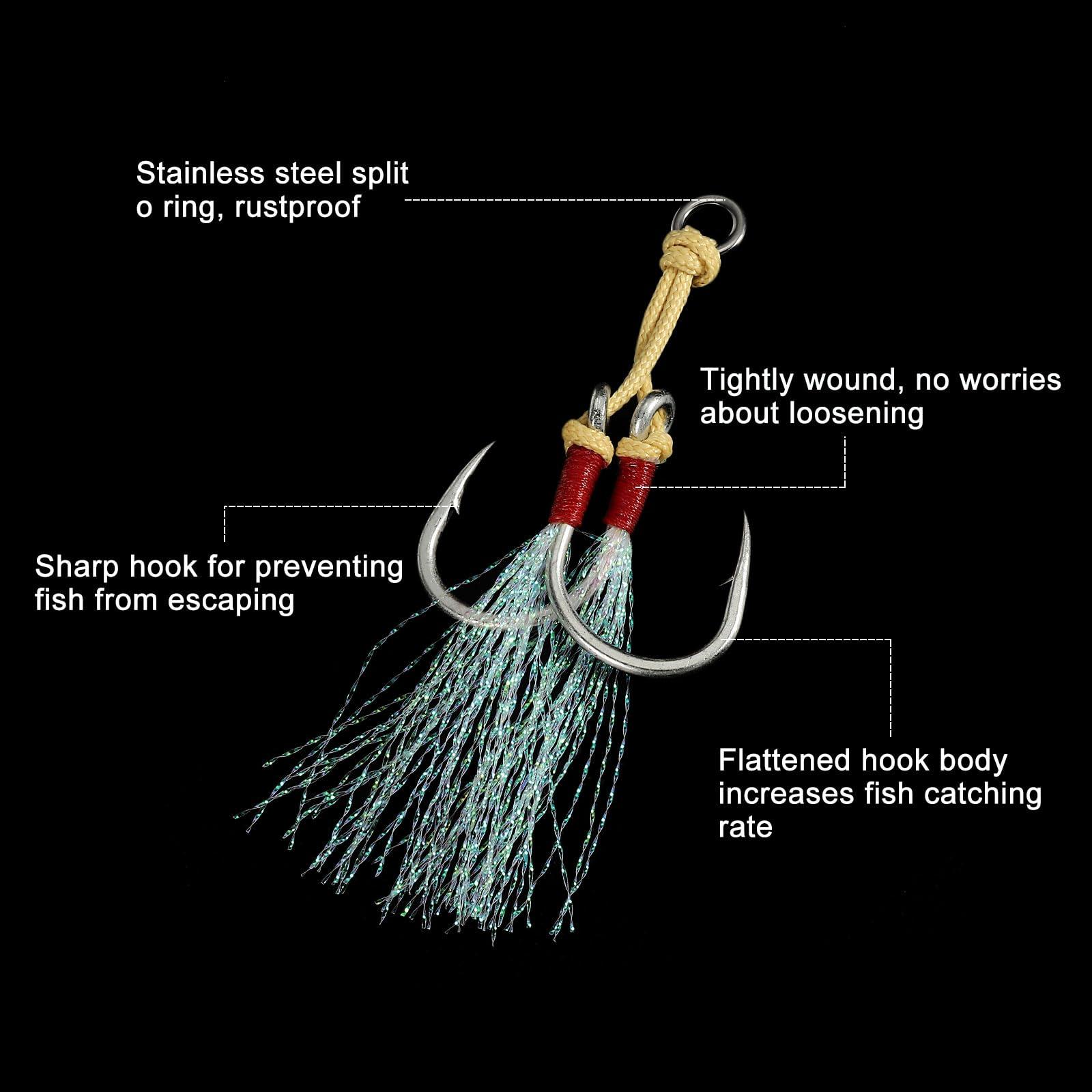 PATIKIL PATIKIL Fishing Assist Hooks Kit, 6 Pack Double Assist Jigging Hook with Glow Tassel for Slow Pitch Jigs Vertical Jigging Lures, Green (3/0#, 3.2\"x0.6\")