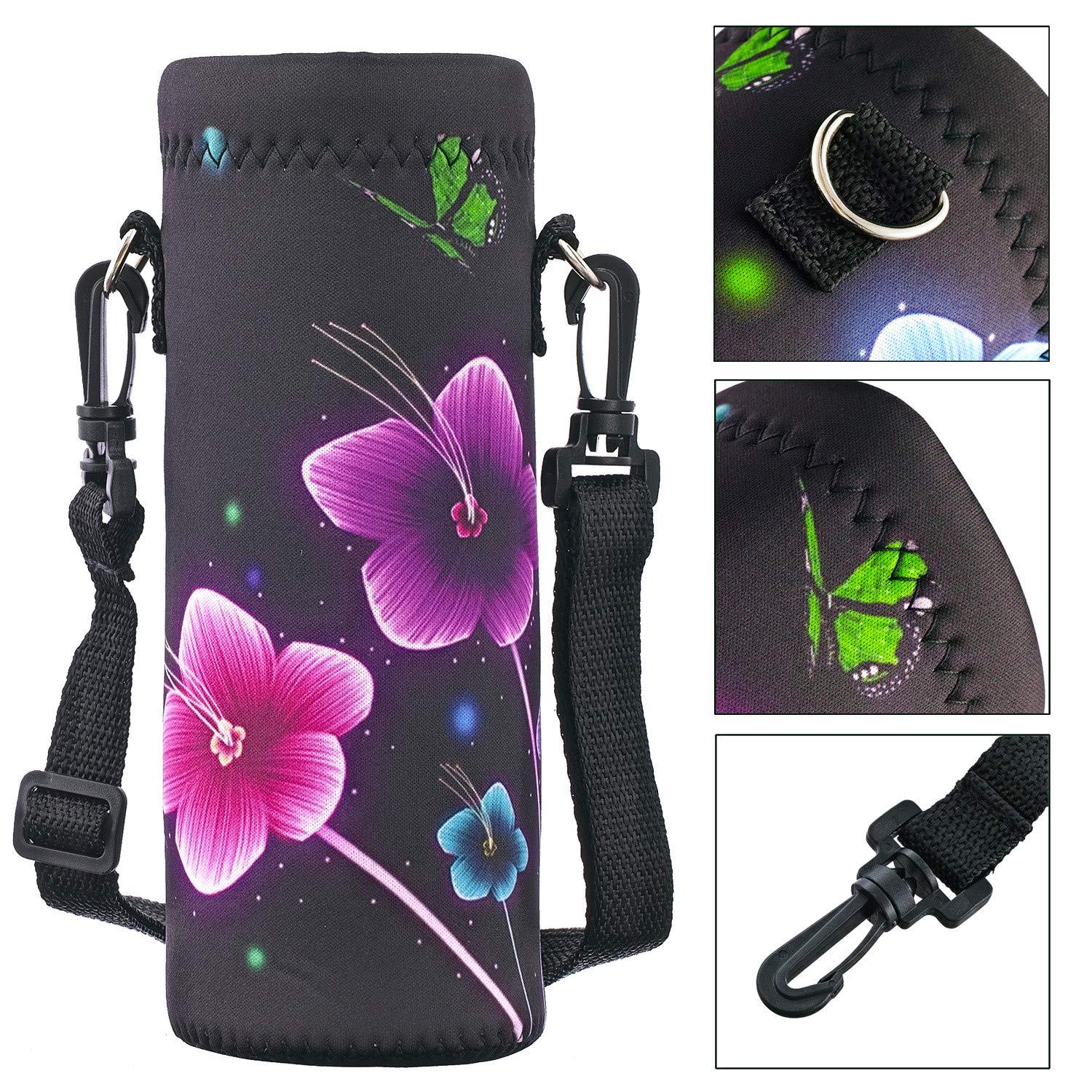 RICHEN RICHEN Neoprene Water Bottle Carrier Bag with Adjustable Shoulder Strap,Insulated Water Bottle Cover for 500ml/16oz Stainless Steel/Glass/Plastic Bottles (Colorful Flowers,500ml)