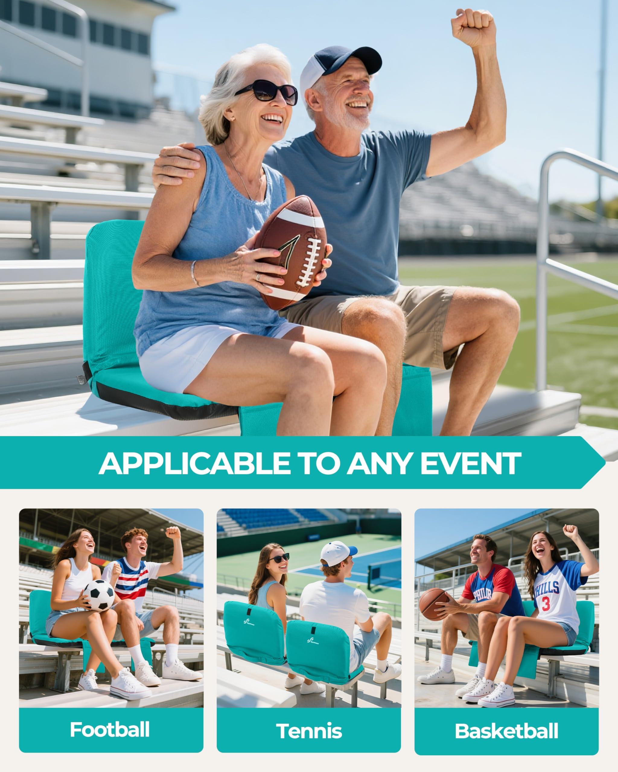 Sportneer Sportneer Bleacher Chairs with Back and Cushion: 6 Reclining Positions Bleacher Seat with Carry Handle & Storage Pocket - Folding Stadium Seats with Back Support for Sports Outdoors, Light Blue 2 Pack
