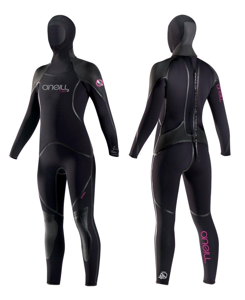 O'Neill Wetsuits O'Neill Women's 7mm J-Type FSW With Hood Dive Full Wetsuit (Black/Black/Pink, 16)
