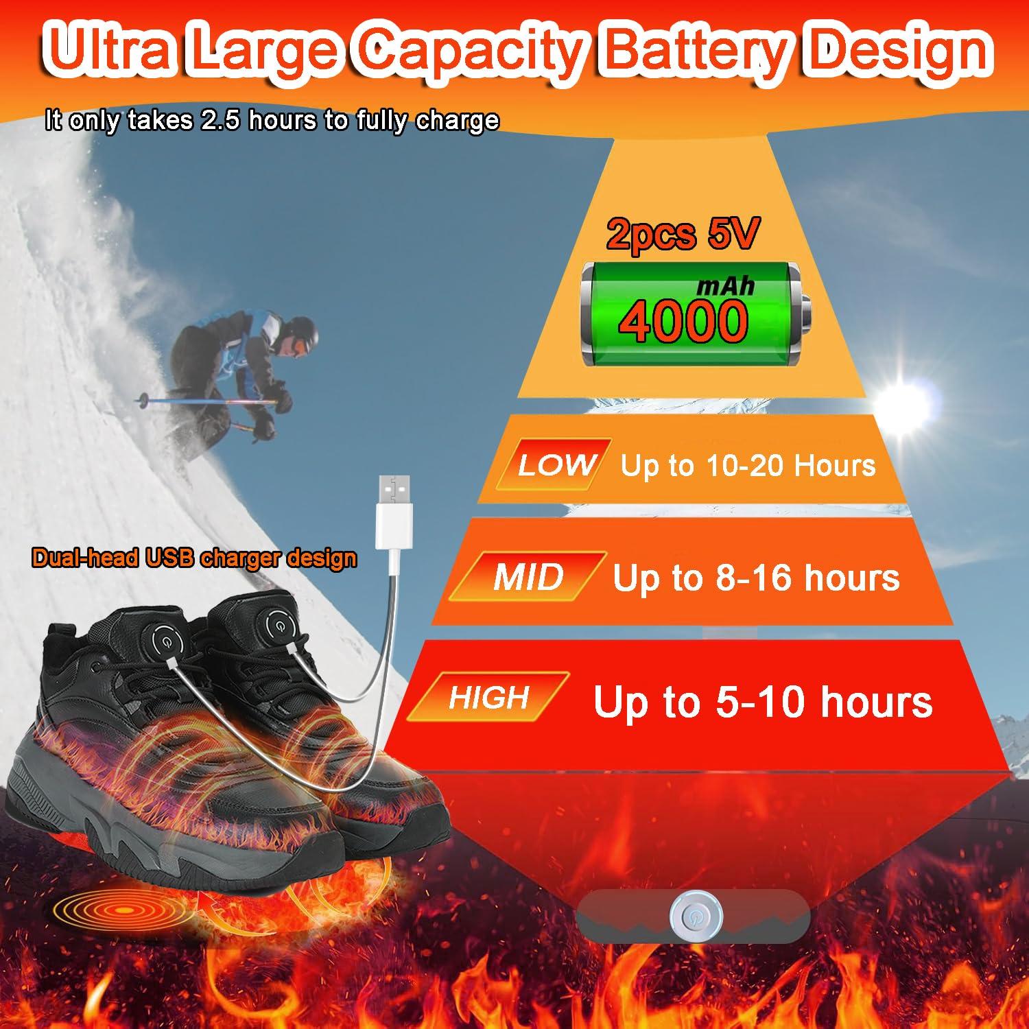 Heizung.shoes Heated Shoes for Men Rechargeable, Heating Sneakers for Women, 4000mAh Electric Self Heating Shoes Up to 20 H, Camping Foot Warmers for Outdoors Work Fishing Hunting Skiing Cycling (Black, 7)