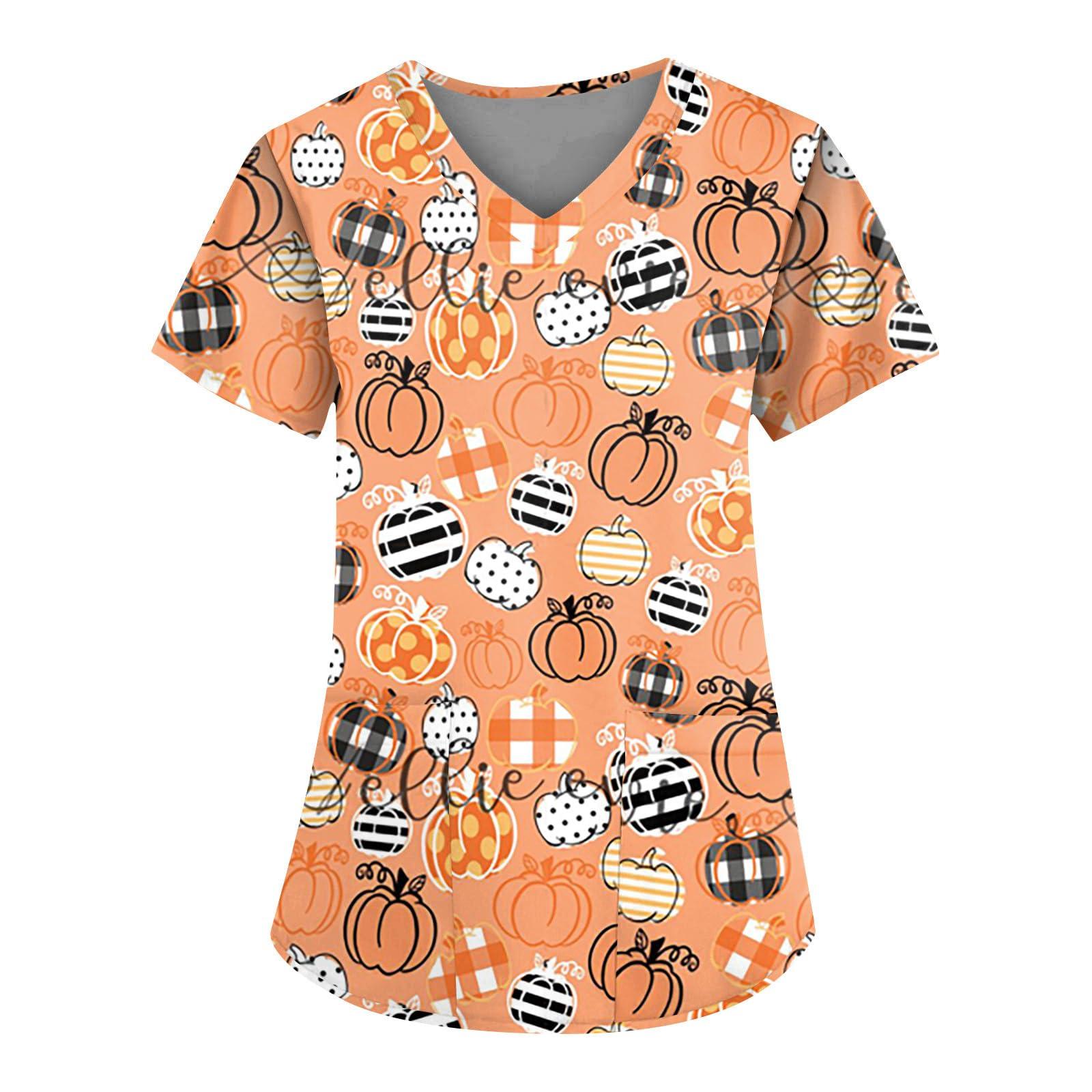 NineFit Basics Halloween Scrub Tops Women Cute Cartoon Pumpkin Print V Neck Short Sleeve Shirts Stretchy Nurse Uniform with Pockets Plus Size Medical Scrubs Caregiver Work Tops Halloween Costumes(G-Pink,X-Large)